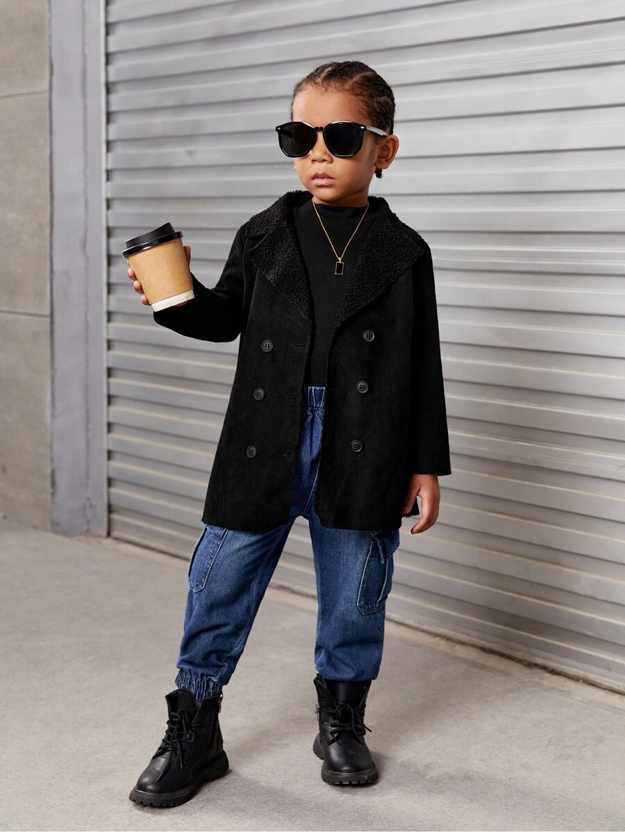 SHEIN Explorewe 小男孩雙排扣泰迪熊襯里外套