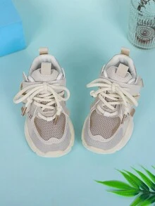 鞋帶、魔術貼固定,編織裝飾,拼接色塊粗底運動鞋,校園風格 - 棕色 - 查看 10