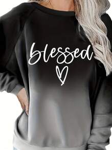 Sudadera con estampado de letra y manga raglán degradada - Negro - Ver 1