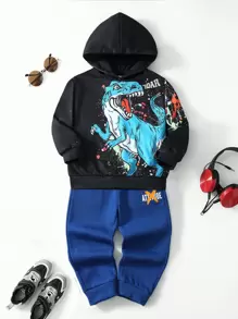 SHEIN 男童恐龍印花連帽衫和運動褲 - 黑色 - 查看 1