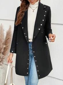 SHEIN Clasi 珍珠串珠雙口袋束帶大衣 - 黑色 - 查看 3