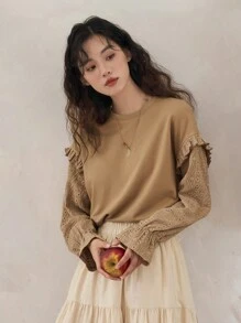 FRIFUL Lỗ gắn thêu tay áo lá sen Viền Ruffle Áo thun - Màu Khaki - Xem 3