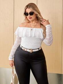 SHEIN Privé Plus Off Shoulder Ruffle Trim Lace Tee - White - View 6
