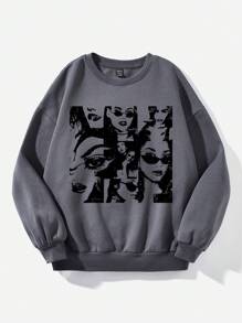 SHEIN EZwear 休閒字樣印花加厚圓領女裝寬鬆毛衣，適用於秋冬季節 - 深灰色 - 查看 3