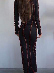 撞色滾邊修身洋裝 - 黑色 - 查看 2