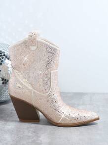 SHUZIA Rhinestone Slip On Stacked Block Heel Boots - Champagne - View 5