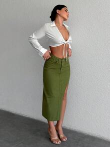 Cottnline 高衩牛仔半身裙