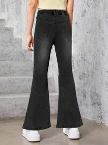 Tween Girl Floral Print Split Hem Flare Leg Jeans - Black - View 2