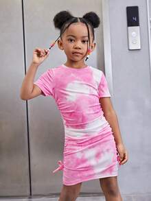 SHEIN Young Girl Tie Dye Ruched Side Dress - Watermelon Pink - View 6