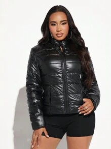SHEIN SXY Áo khoác đệm da PU có khóa kéo - màu đen - Xem 3