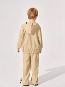 SHEIN 男大童字母補丁細節落肩袖連帽衫和下擺開叉長褲 - 卡其色 - 查看 2