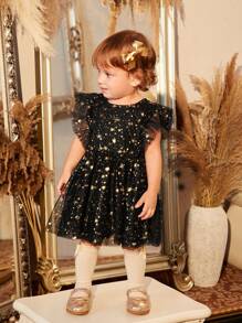 Baby Girl Star Print Ruffle Trim Mesh Overlay Dress - Black - View 3