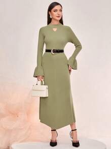 Modelyn 鎖眼領荷葉袖毛衣洋裝不附腰帶 - 綠色 - 查看 1