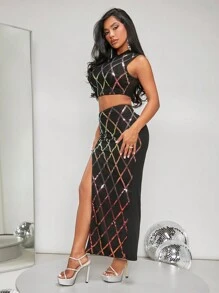 SHEIN SXY 亮片短款背心&高衩半身裙 - 黑色 - 查看 5