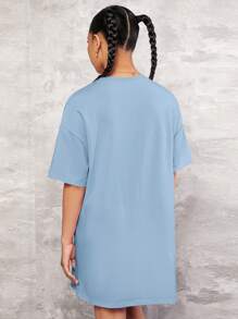 SHEIN 青少年女孩太陽&字母圖案落肩T恤連衣裙 - 淺藍色 - 查看 2