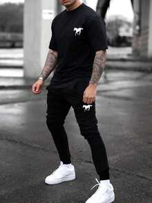 Manfinity Homme Men Plus Horse Print Tee & Drawstring Waist Sweatpants - Black - View 4