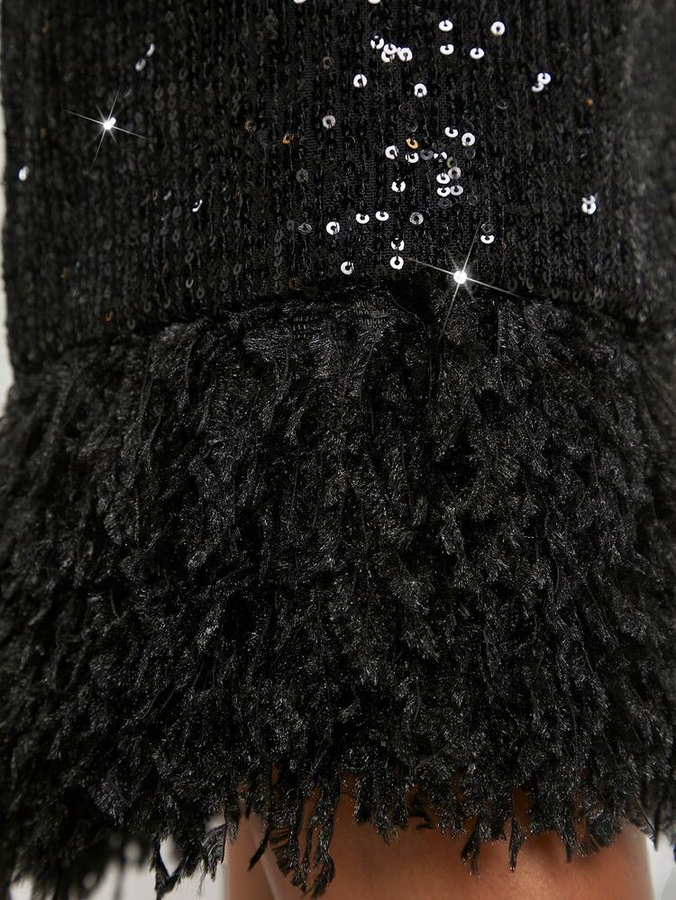 Fuzzy Hem Sequin Slip Dress