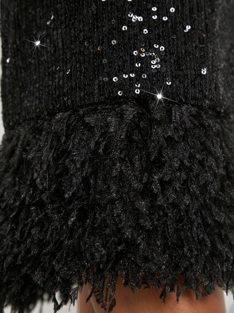 SHEIN SXY Vestido lencero con diseño lanudo con lentejuelas - Negro - Ver 5