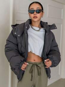 DAZY 拉链抽绳连帽厚口袋外套，女士冬季外套夹克 - 深灰色 - 查看 7