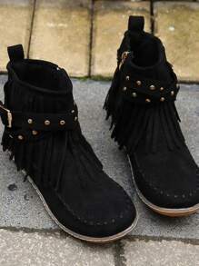 Fall/Winter Women's Round Toe Studded Fringe Side Zipper Flat Fashion Boots - Black - View 3