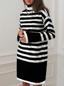 EURMUSE Striped Pattern Mock Neck Drop Shoulder Sweater Dress - Black and White - View 5