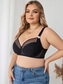 Plus Dobby Mesh Insert Appliques Detail Bra, Lingerie - Black - View 3