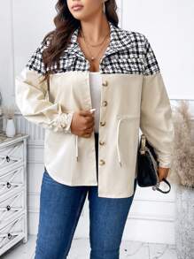 Calvaya Talla grande Cazadora con estampado de cuadros de cintura con cordón de hombros caídos - Caqui - Ver 5