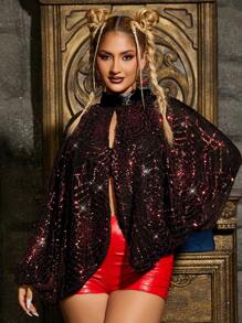 SHEIN SXY Batwing Sleeve Sequin Blouse - Red - View 4