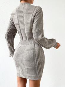 SHEIN Essnce Mock Neck Lantern Sleeve Mock Neck Bodycon Sweater Dress - Khaki - View 2