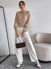 SHEIN Essnce Capucha de hombros caídos con cordón - Caqui - Ver 5