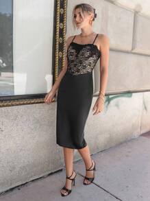 SHEIN Privé Váy Bodycon Cami ren tương phản - màu đen - Xem 4