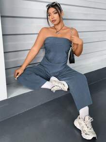 Flirla 大碼素色褶邊抹胸上衣和闊腿褲 - 灰色 - 查看 5