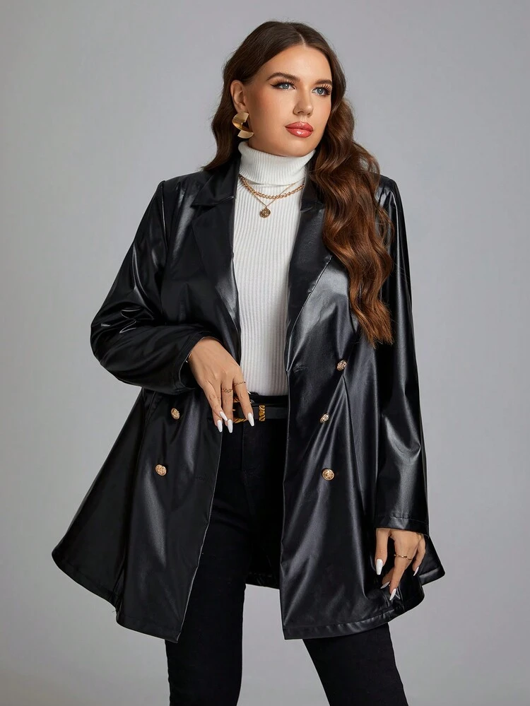 Plus Double Breasted PU Leather Blazer