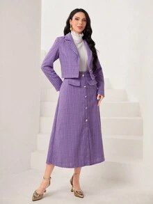 Modelyn Plaid Print Lapel Neck Blazer & Button Front Skirt - Purple - View 4