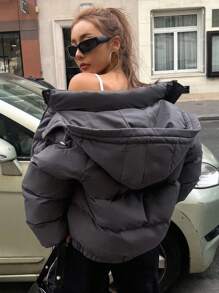 DAZY 拉链抽绳连帽厚口袋外套，女士冬季外套夹克 - 深灰色 - 查看 6