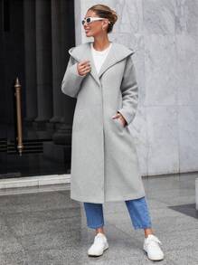 SHEIN Cottnline Của phụ nữ Màu thuần áo có mũ Len áo - Màu Xám nhạt - Xem 6