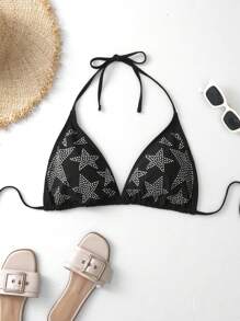 SHEIN Swim Curve 大碼星星水鑽掛脖比基尼上衣 - 黑色 - 查看 5