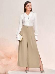 Modelyn Split Thigh Wide Leg Pants - Khaki - View 3