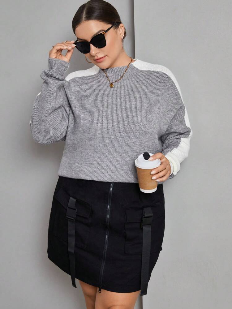 Plus Contrast Side Seam Drop Shoulder Sweater