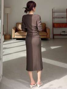 DAZY Vestido de tirantes sólido y abrigo de frente abierto, conjunto de dos piezas para mujer, ropa de otoño - Café integral - Ver 2