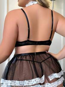 Plus 5pack Contrast Lace Mesh Maid Costume Set - Black and White - View 2