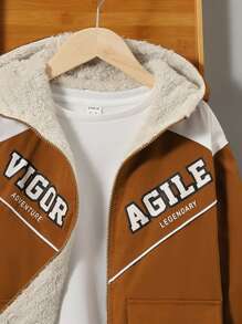 SHEIN Adolescent Garçon 1 pièce Manteau À Capuche À Lettres Poche À Rabat À Doublure Thermique