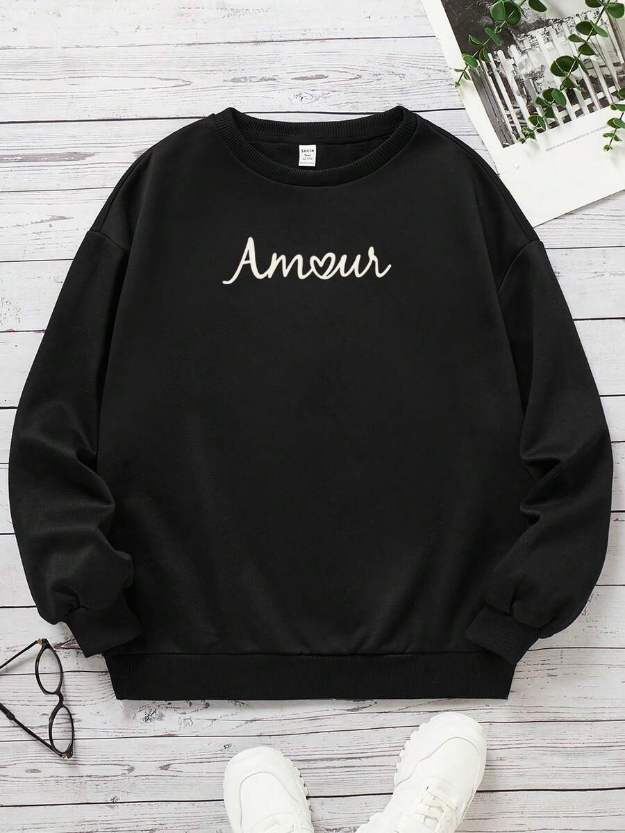Teen Girl Letter Graphic Drop Shoulder Sweatshirt - Black - View 1