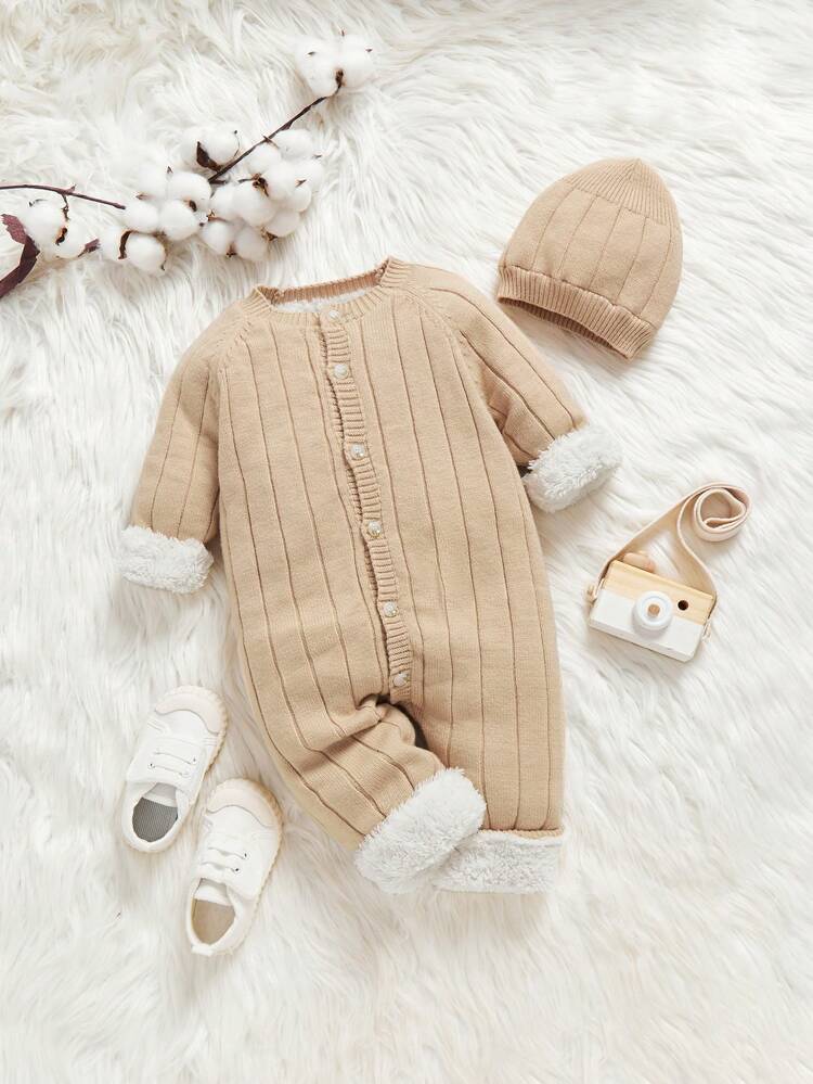 Baby Boy Button Front Thermal Knit Jumpsuit & Hat