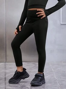 SHEIN Quần legging thể thao kiểm soát bụng cô gái trẻ - màu đen - Xem 1