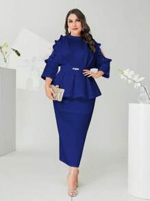 Modelyn Plus Ruffle Trim Peplum Top & Split Back Skirt - Royal Blue - View 2