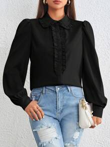 SHEIN Privé Frill Trim Puff Sleeve Shirt - Black - View 1