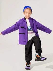 SHEIN Tween Boy Buckle Detail Raglan Sleeve Hooded Thermal Coat - Purple - View 4