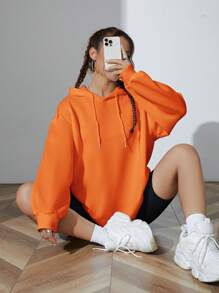 SHEIN EZwear Solid Drawstring Drop Shoulder Hoodie - Burnt Orange - View 5
