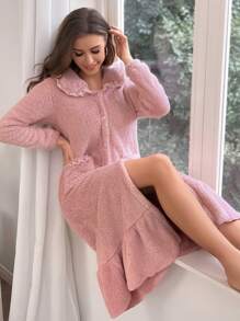 Ruffle Hem Flannel Pajama Night Dress Long Dress - Dusty Pink - View 3